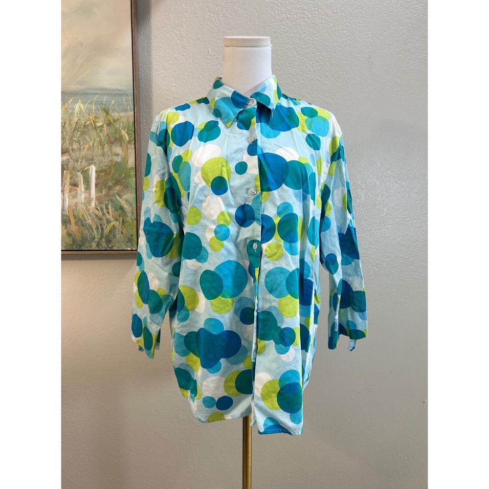 Preston & York Blue Green Polka Dot Cotton Button Up Shirt Size 16 Retro Mod
